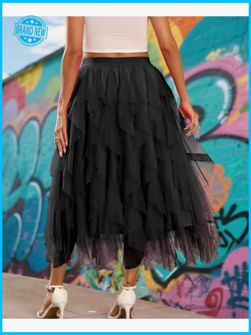 Tiered Tulle A-Line Midi Skirt Flowy Fairy Layered Elastic Waist